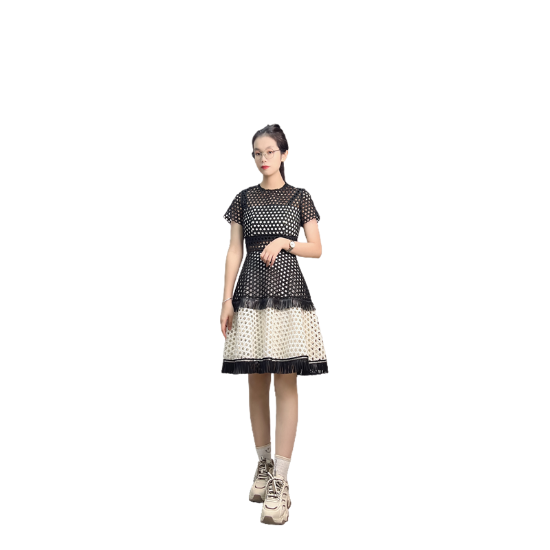 JJparty-D415 Women macramé lace short sleeves tiered design flared mini dress