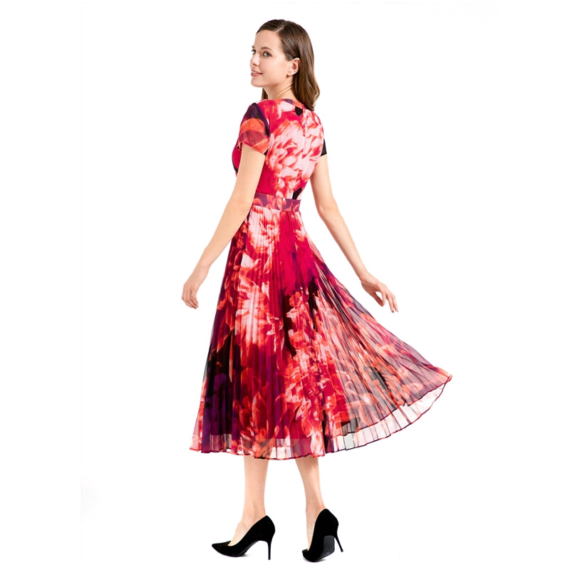 JJparty-D114 Women flower print chiffon cap sleeves pleated midi day dress