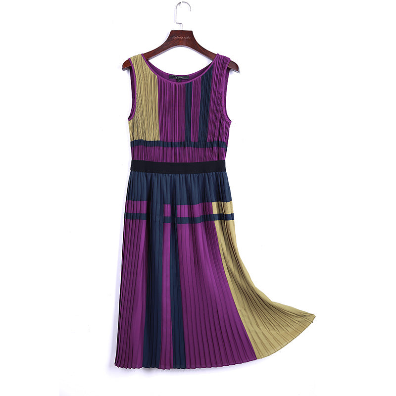 JJparty-T869 Women color-block patchwork design pleated midi party dress