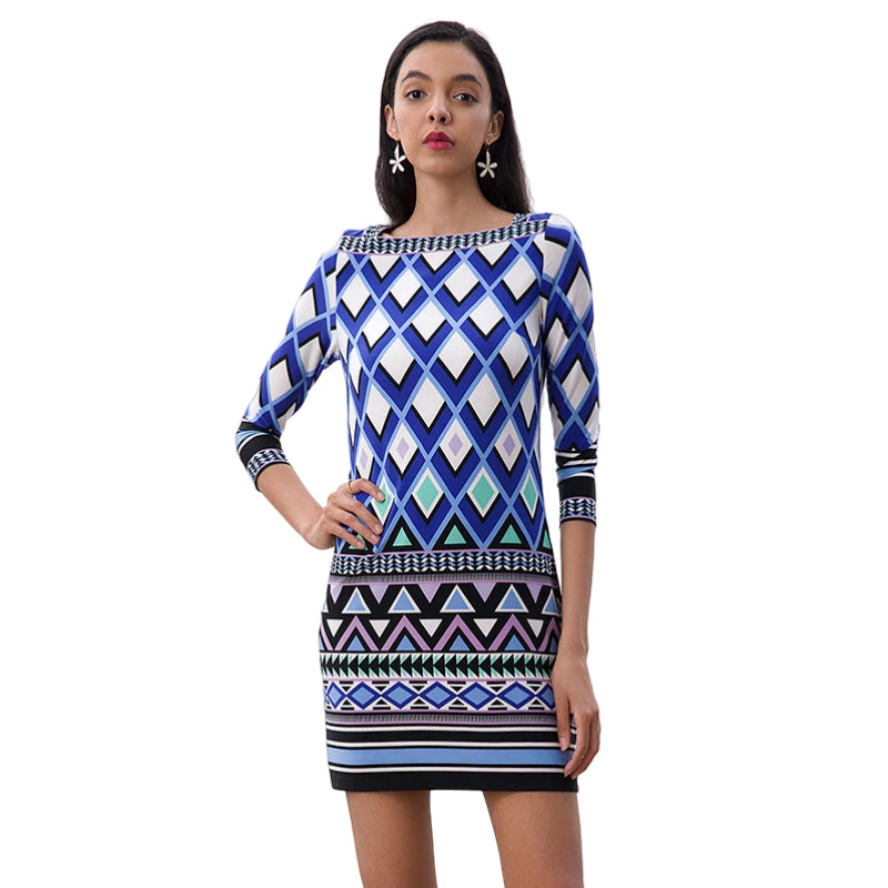 JJparty-D079 Women geometric print boat neck three quarter sleeves mini day dress