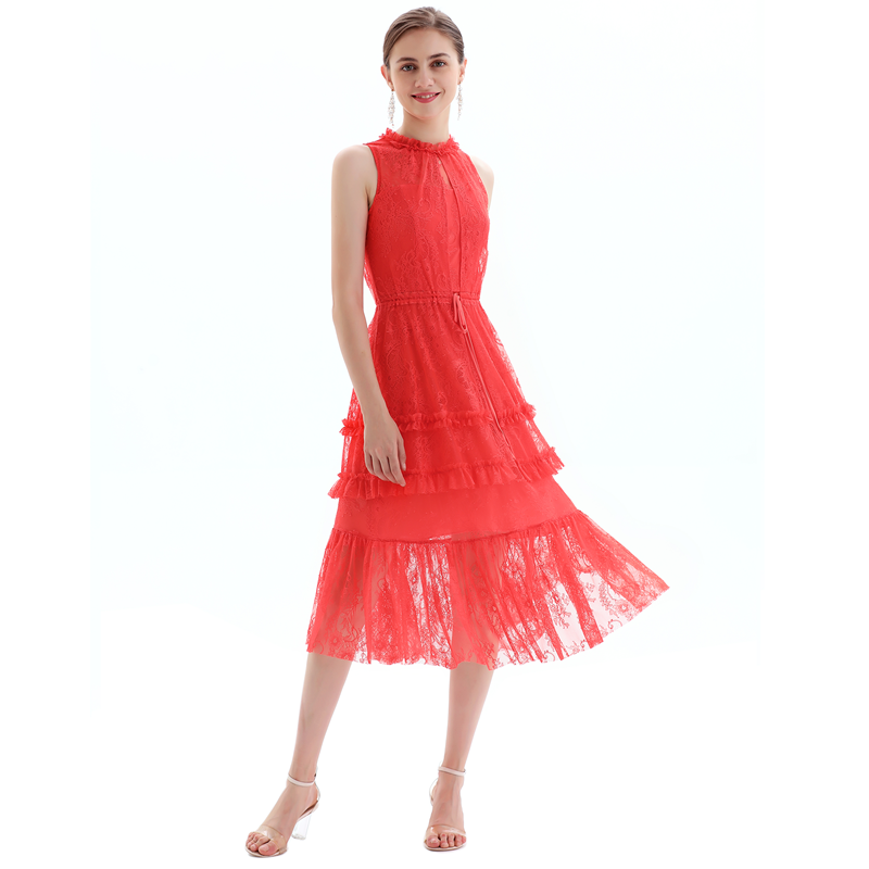 JJparty-D091 Women flower lace sleeveless ruffled detail tiered midi evening dress