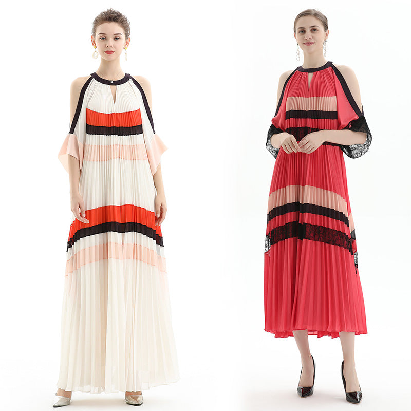 JJparty-D074 Women color block cut out shoulder three-quarter sleeves pleated maxi evening dress