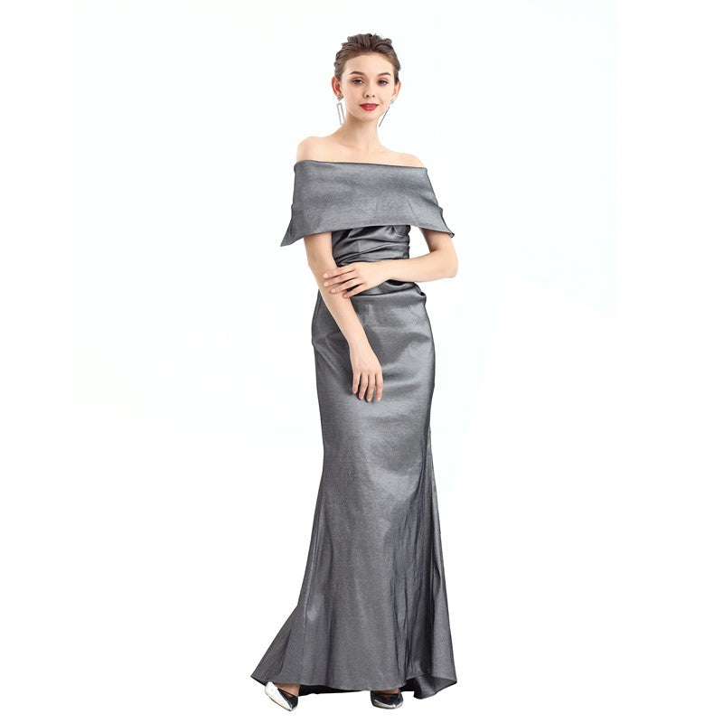 JJparty-D111 Women solid off shoulder draped detailing fitted mermaid maxi evening dress