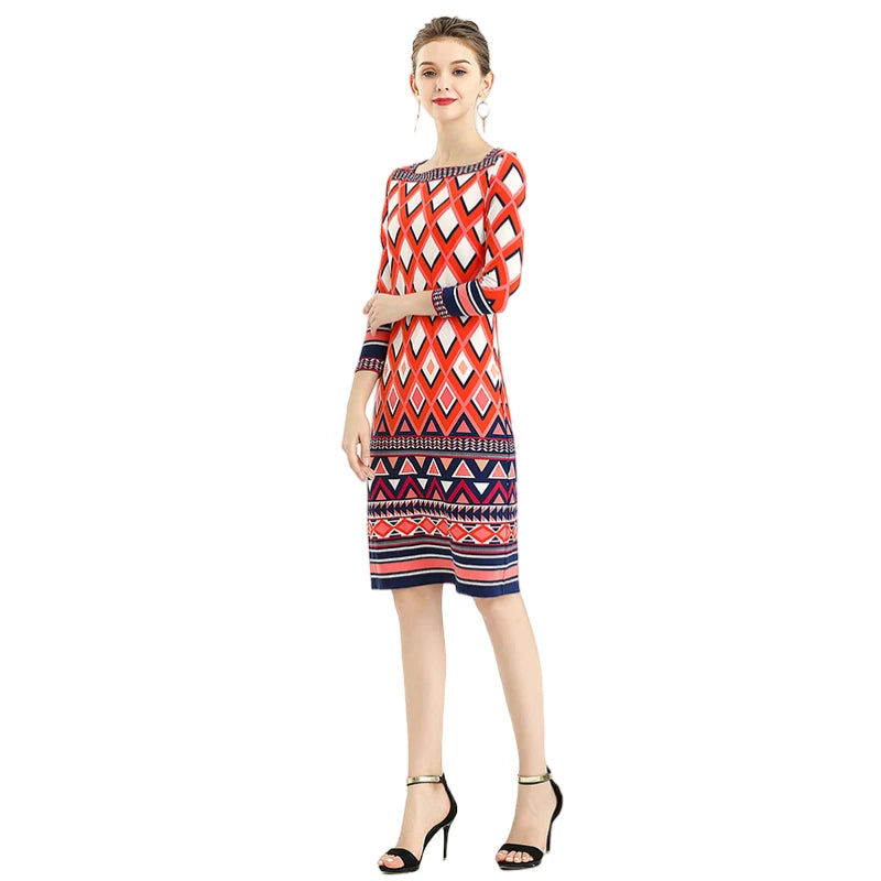 JJparty-D090 Women geometric print boat neck three quarter sleeves mini day dress