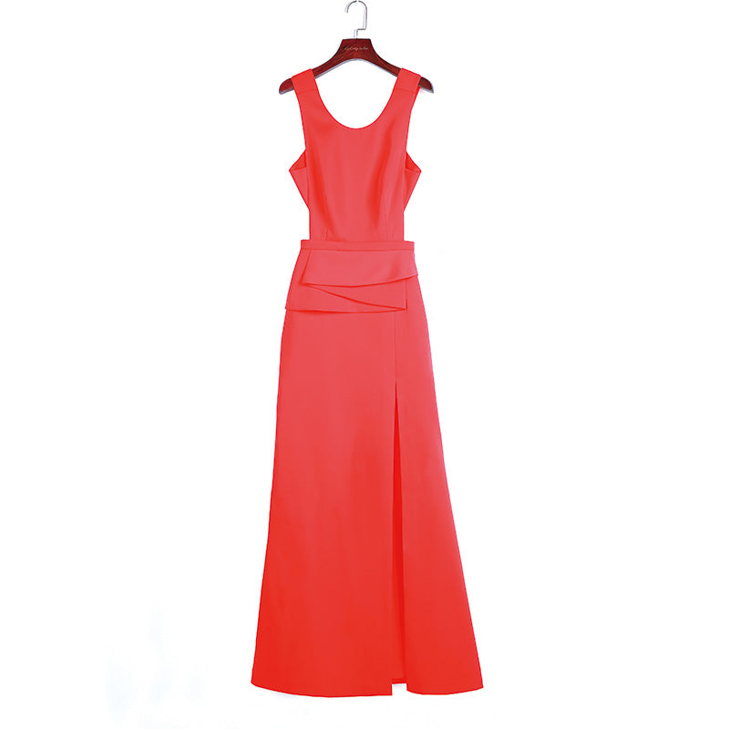 JJparty-1D58 Women solid round neck bare back cascading designed waist long evening dress