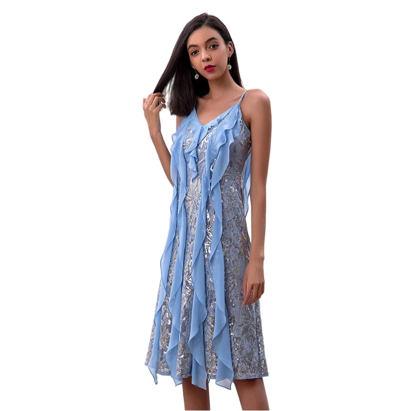 JJparty-D227 Women sequinned lace spaghetti straps ruffled detail midi party dress