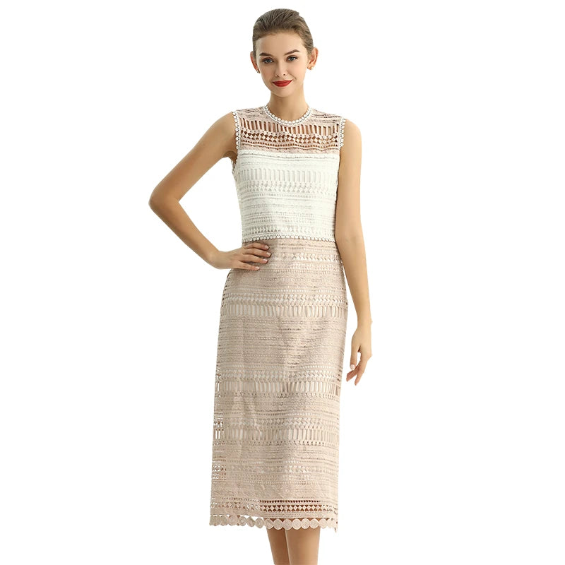 JJparty-D115 Women macramé lace-panelled sleeveless day and party midi dress