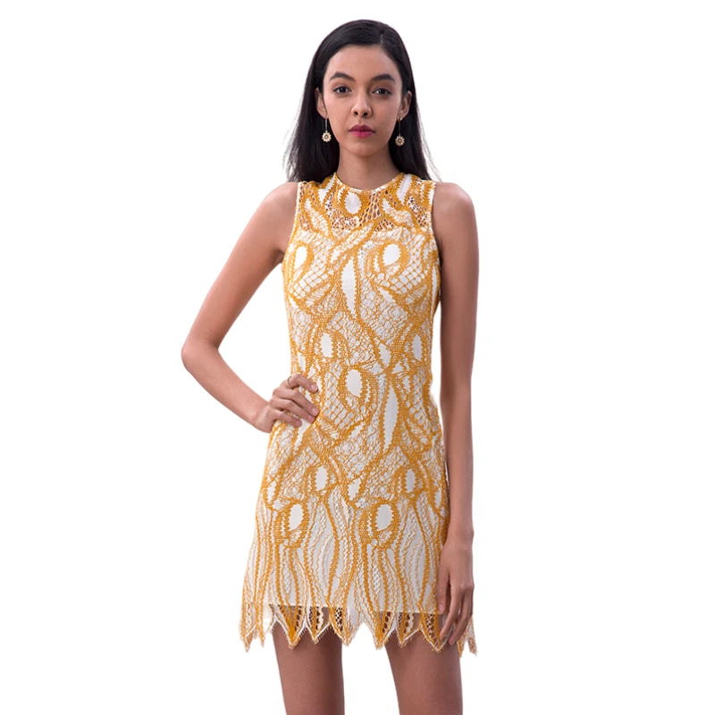JJparty-D097-1 Women fashion eyelash lace sleeveless fitted day and party mini dress