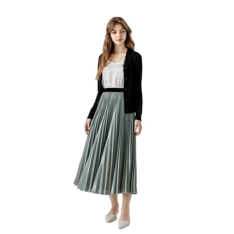 JJparty-A121 Women metallic knit full circle sunburst pleated midi party skirt