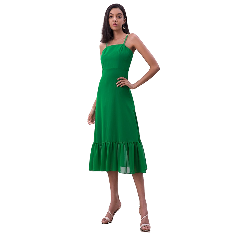 JJparty-D261-1 Women solid chiffon strappy tiered ruffle flared midi party dress