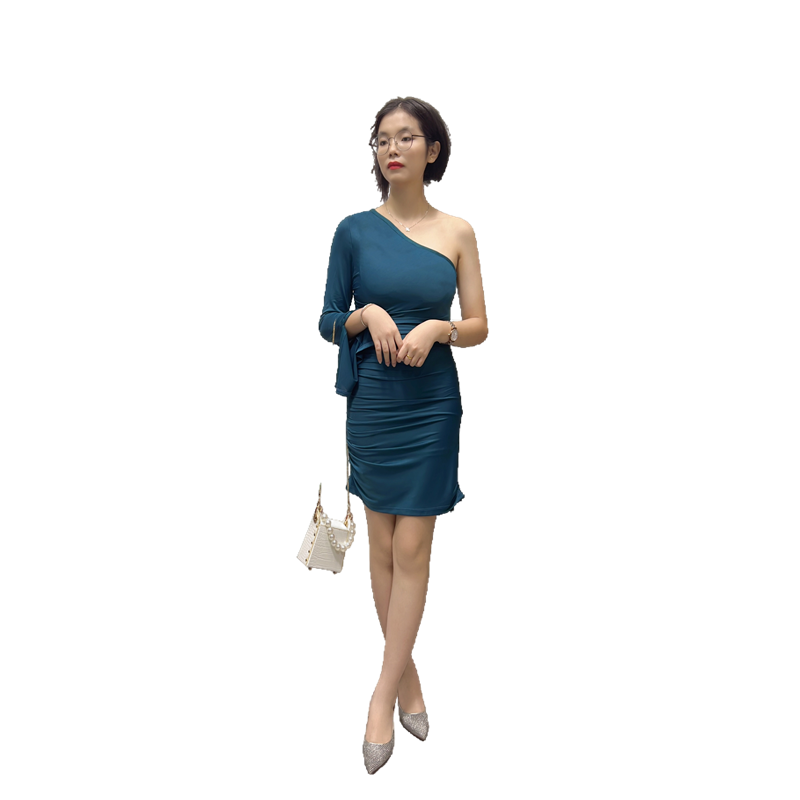 JJparty-D406 Women solid one-shoulder long sleeve ruched stretch-jersey bodycon dress
