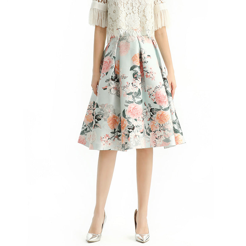 JJparty-S137 Women floral print inverted pleat A-line midi skirt