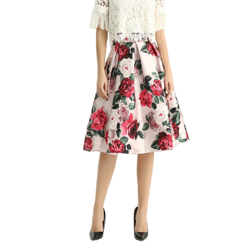 JJparty-S137 Women floral print inverted pleat A-line midi skirt