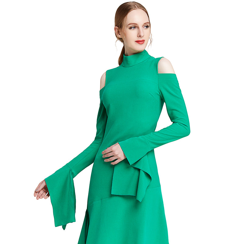 JJparty-D008 Women solid long sleeve cut out asymmetric hem mini party dress