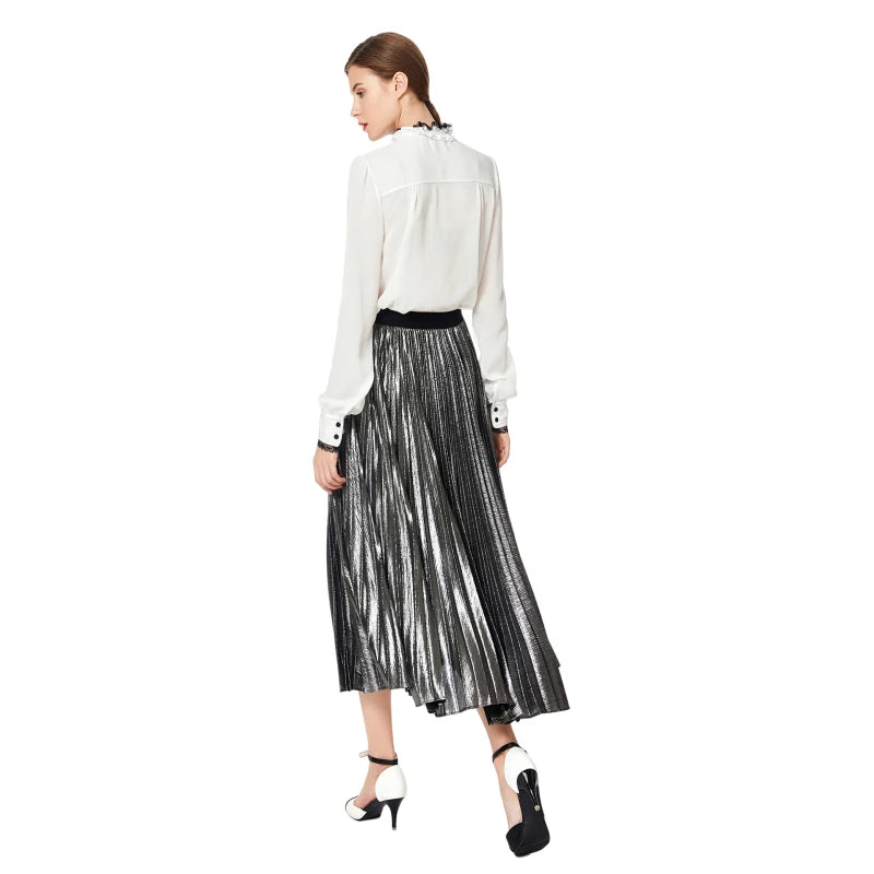 JJparty-C080 Women metallic knit elasticated waist full circle sunburst pleated evening midi skirt
