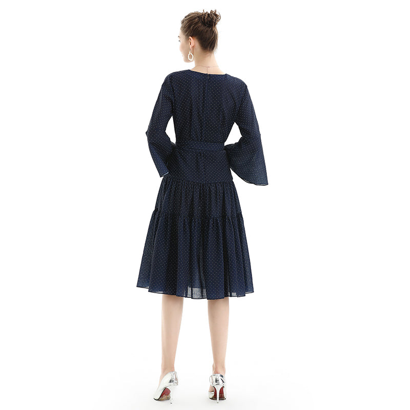 JJparty-D057-1 Women polka dot print three-quarter sleeves tiered design midi dress