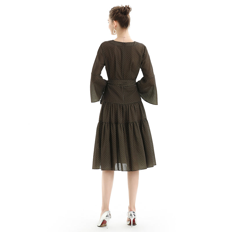 JJparty-D057-1 Women polka dot print three-quarter sleeves tiered design midi dress