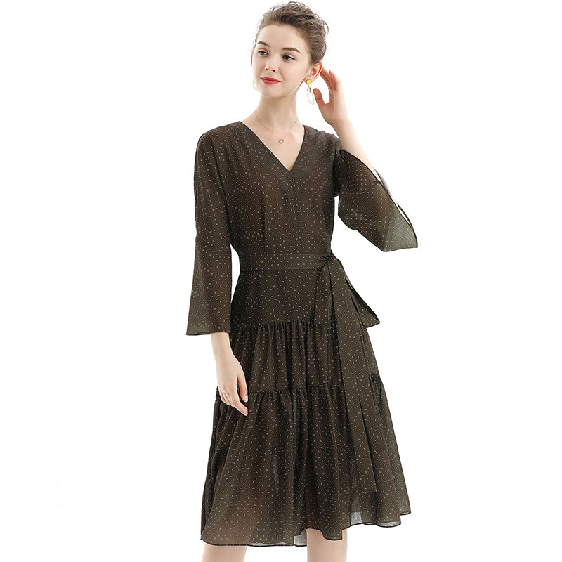 JJparty-D057-1 Women polka dot print three-quarter sleeves tiered design midi dress