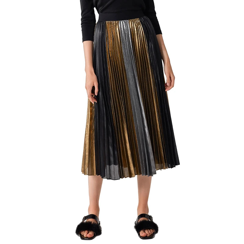 JJparty-C027A Women metallic printed color-block full circle sunburst pleated evening midi skirt