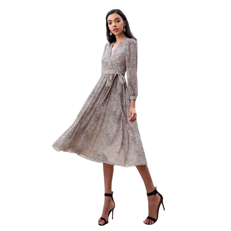 JJparty-D265 Women leopard print chiffon long puff sleeves wrap design pleated midi dress