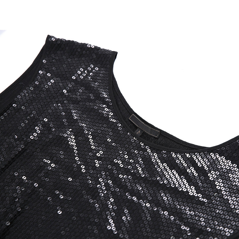 JJparty-I720 Women Fully sequined jersey round neck sleeveless mini party dress