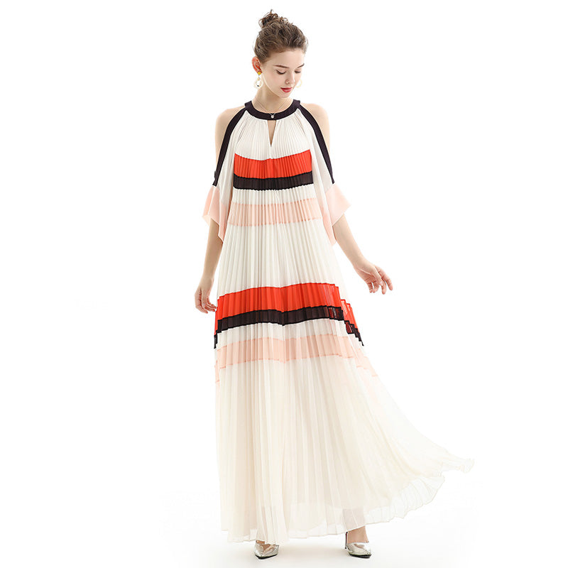 JJparty-D074 Women color block cut out shoulder three-quarter sleeves pleated maxi evening dress
