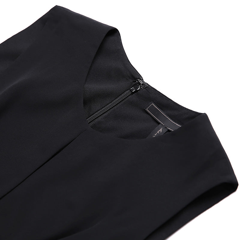 JJparty-2A56 Women solid round neck front draped design cut-out waist asymmetric hem day dress