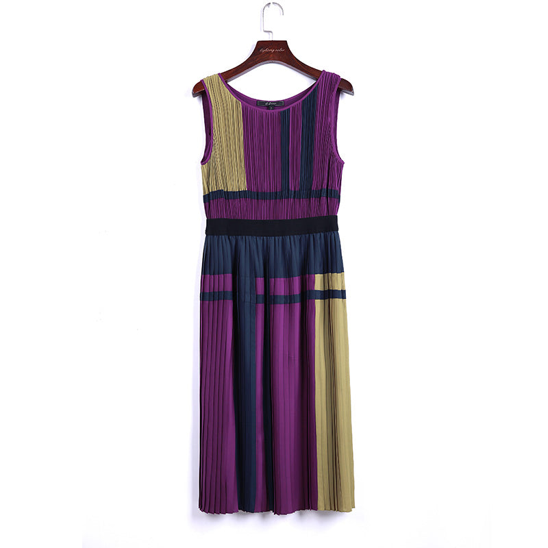 JJparty-T869 Women color-block patchwork design pleated midi party dress