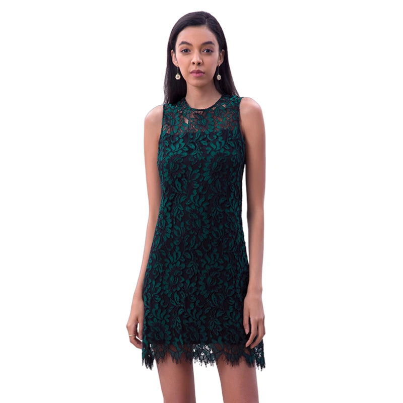 JJparty-D097-4 Women floral leaf eyelash lace sleeveless fitted day and party mini dress