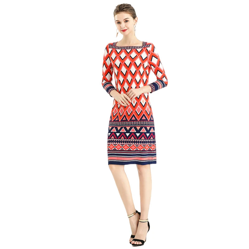 JJparty-D090 Women geometric print boat neck three quarter sleeves mini day dress