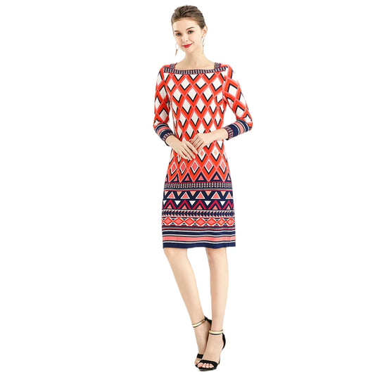 JJparty-D090 Women geometric print boat neck three quarter sleeves mini day dress