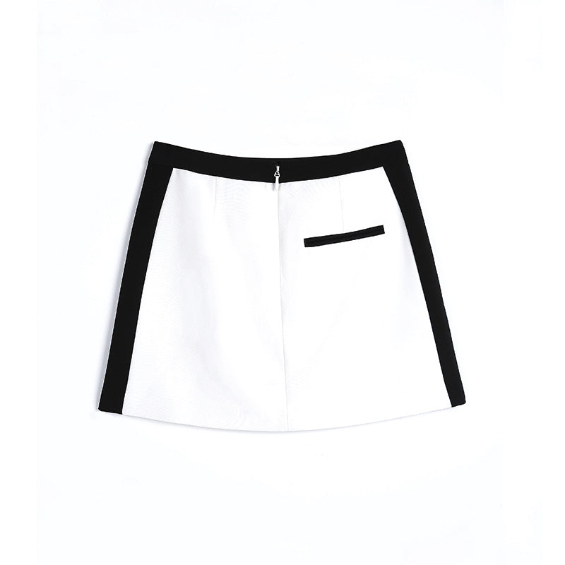 JJparty-G470 Women color-block suiting fabric mid waist flapped pocket mini skirt