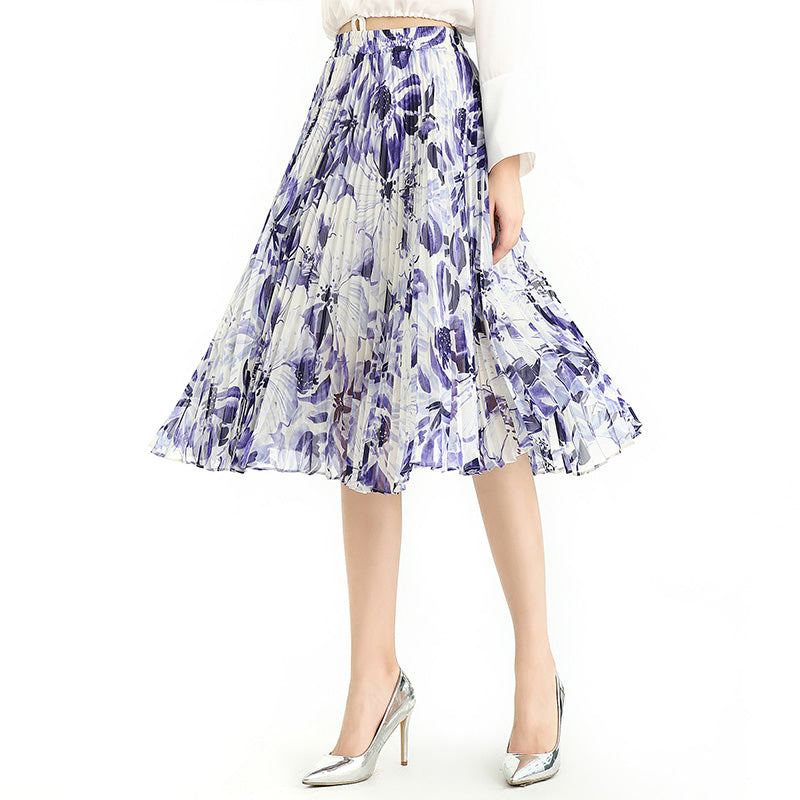JJparty-S076-2 Women floral print chiffon pleated casual midi skirt