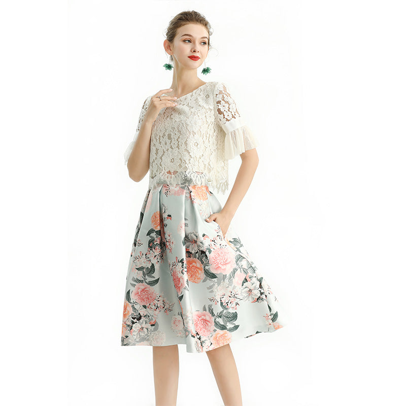 JJparty-S137 Women floral print inverted pleat A-line midi skirt