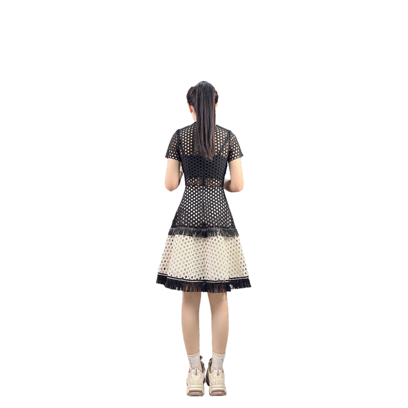 JJparty-D415 Women macramé lace short sleeves tiered design flared mini dress