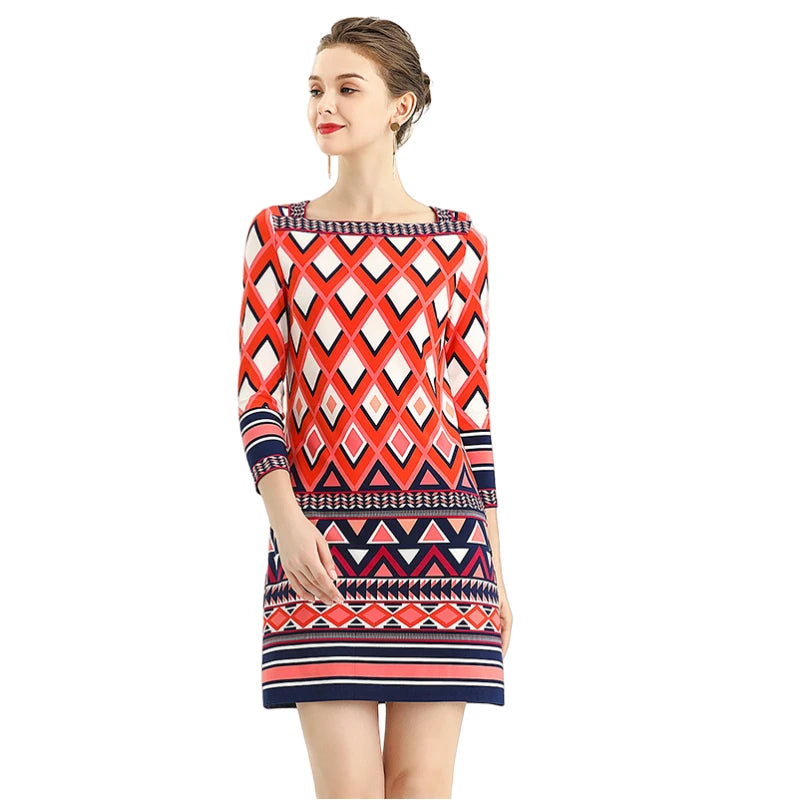 JJparty-D079 Women geometric print boat neck three quarter sleeves mini day dress