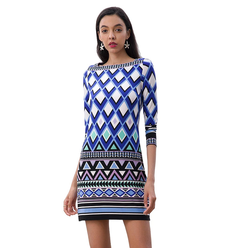 JJparty-D079 Women geometric print boat neck three quarter sleeves mini day dress