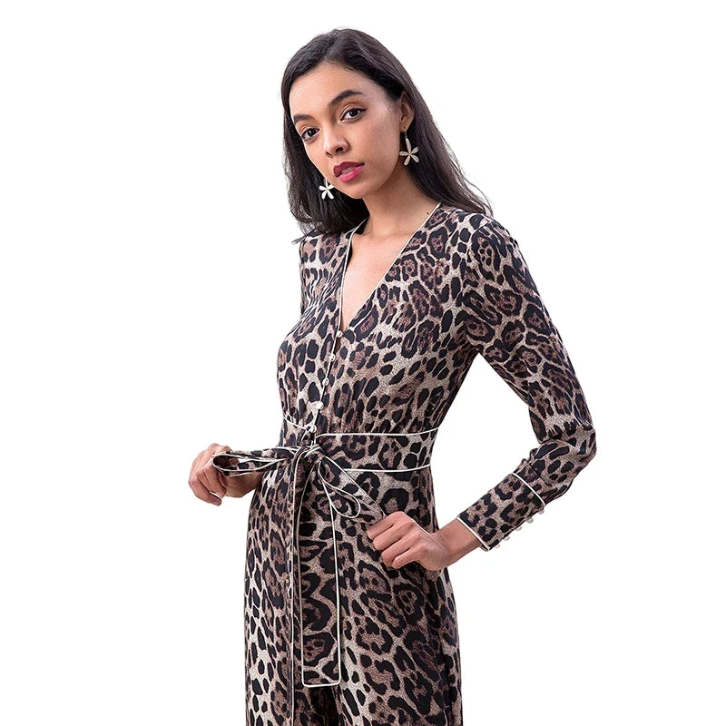 JJparty-R171 Women leopard print long sleeves flare leg jumpsuit