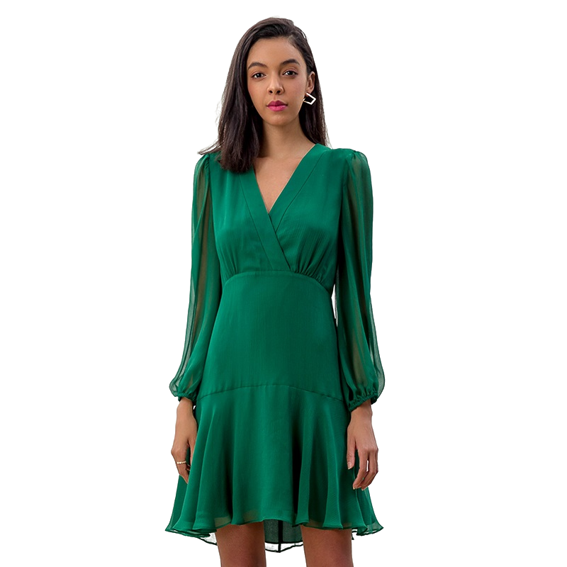 JJparty-D272 Women silk crinkle chiffon long puff sleeves flounced mini dress