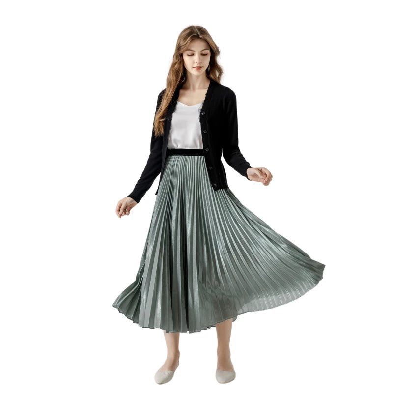 JJparty-A121 Women metallic knit full circle sunburst pleated midi party skirt