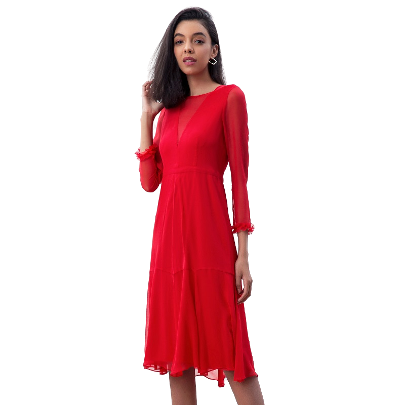JJparty-D270 Women silk crinkle chiffon three-quarter sleeves flared midi party dress