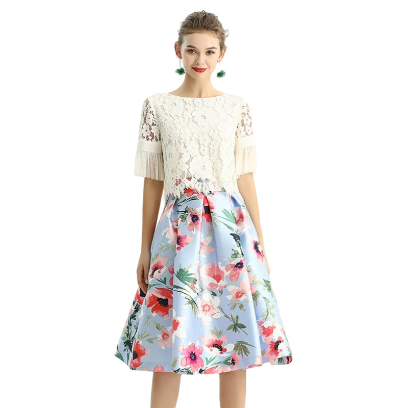 JJparty-S137 Women floral print inverted pleat A-line midi skirt
