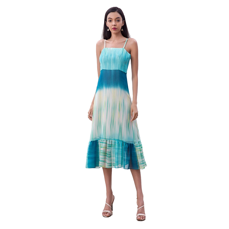 JJparty-D261 Women Tie-dye print strappy flared tiered ruffle midi dress