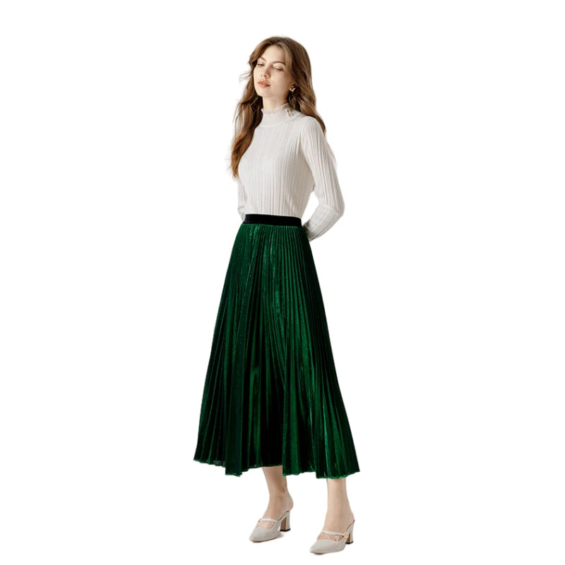 JJparty-A121 Women metallic knit full circle sunburst pleated midi party skirt