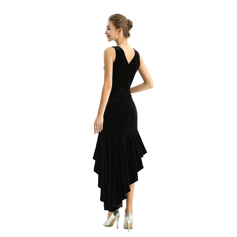 JJparty-D169 Women velvet knit v neck ruched-detail fluted asymmetric hem evening dress