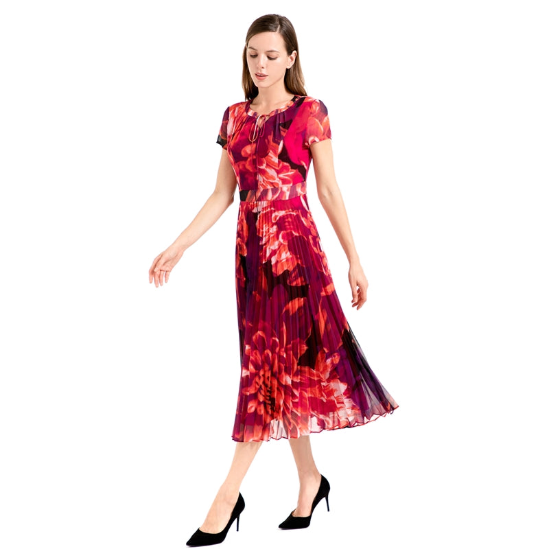 JJparty-D114 Women flower print chiffon cap sleeves pleated midi day dress