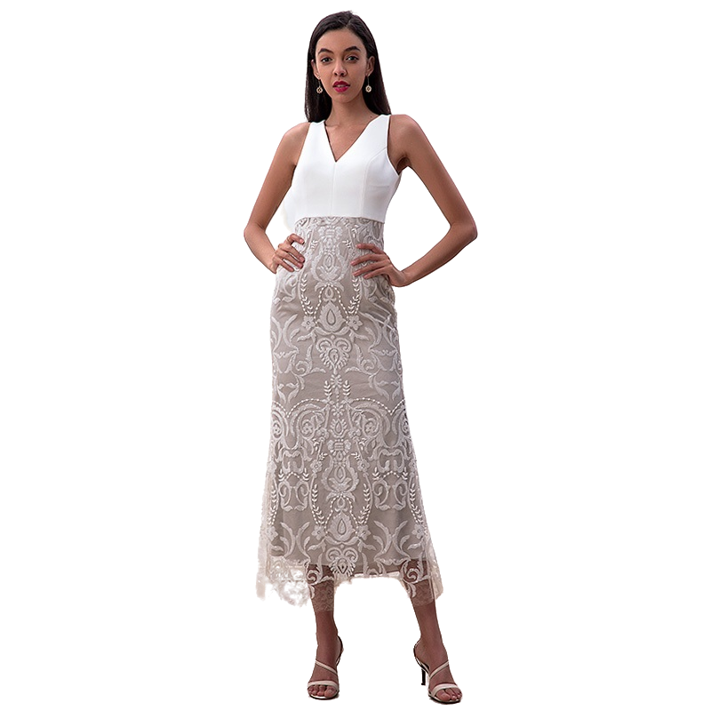 JJparty-D187 Women sequin embellished V-neck fluted midi evening dress