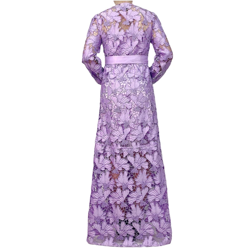 JJparty-C165-3 Women cut out embroidery long sleeves waist-tie evening maxi robe dress