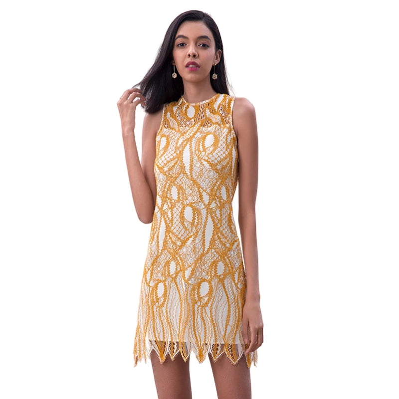 JJparty-D097-1 Women fashion eyelash lace sleeveless fitted day and party mini dress
