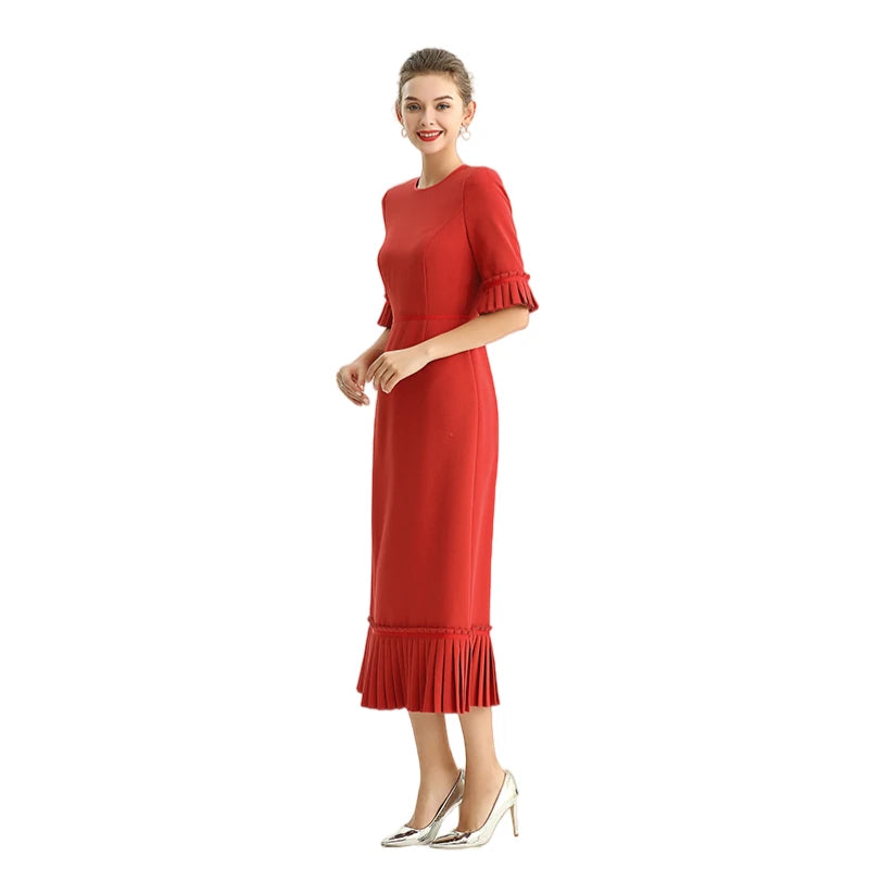 JJparty-D095-1 Women polyester crepe short sleeves ruffle detailed straight-cut midi dress